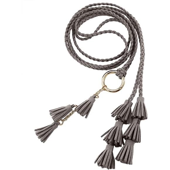 Women Girls PU Leather Waist Belt Chain Skinny Rope with Double Tassel